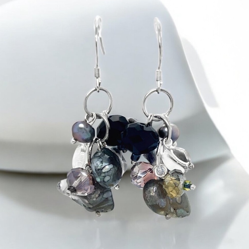 Silver and Purple Pearl Cluster Earrings in 925 Sterling Silver